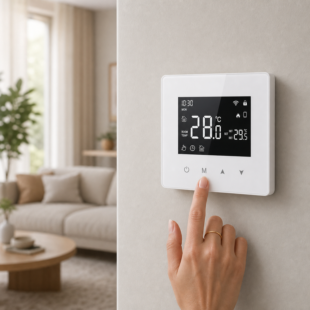 White Wi-Fi thermostat adjusted by hand in a modern living room