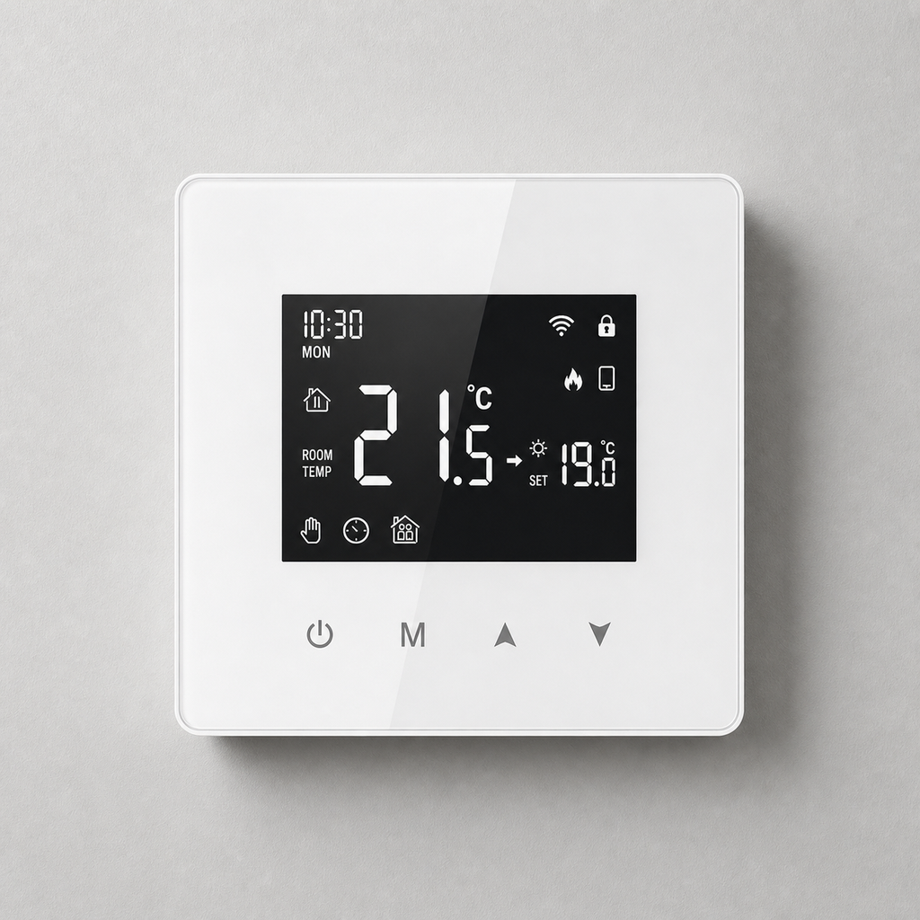 White Wi-Fi thermostat mounted on a neutral wall