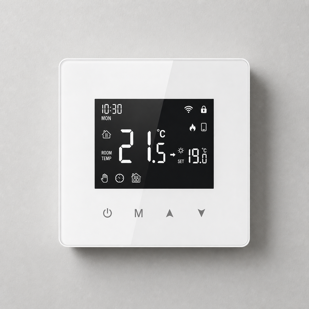 White Wi-Fi thermostat mounted on a neutral wall