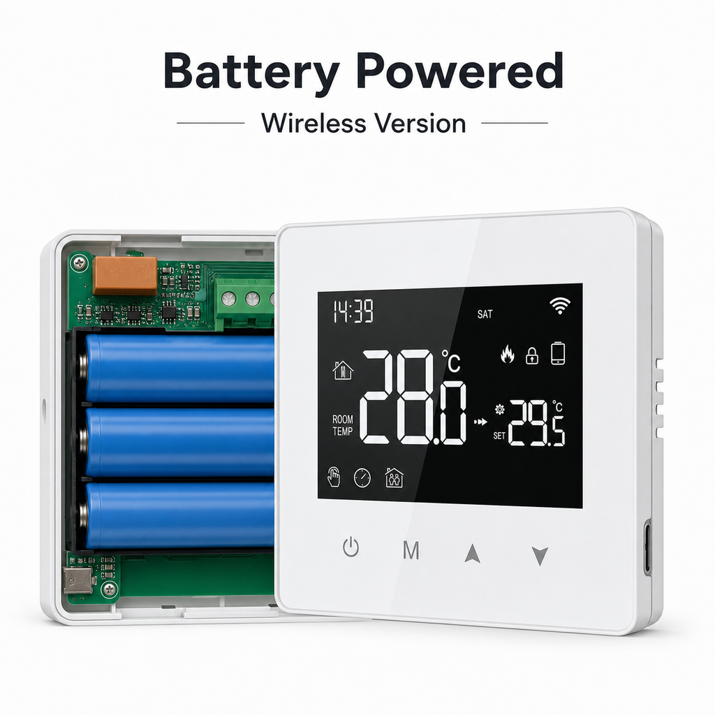 Wireless thermostat version with open battery compartment and circuit board