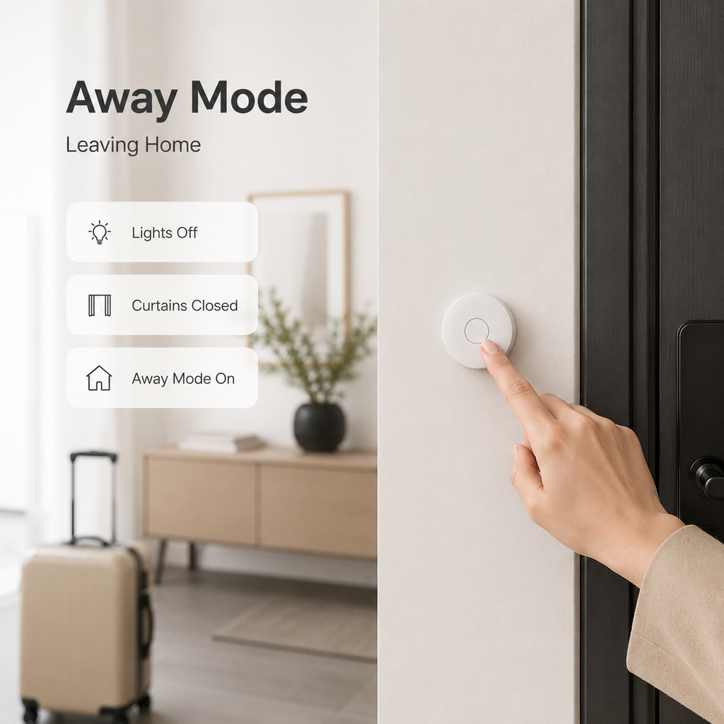 Away mode leaving home scene with wireless wall scene button