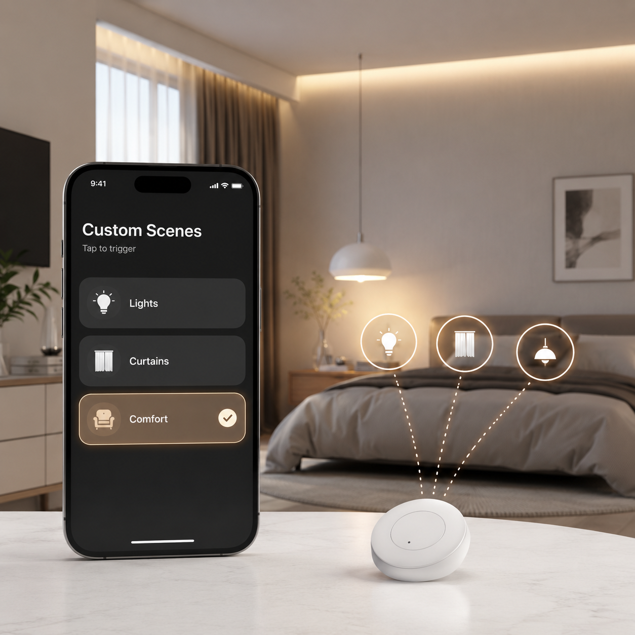 Custom scene mobile app control for wireless scene button