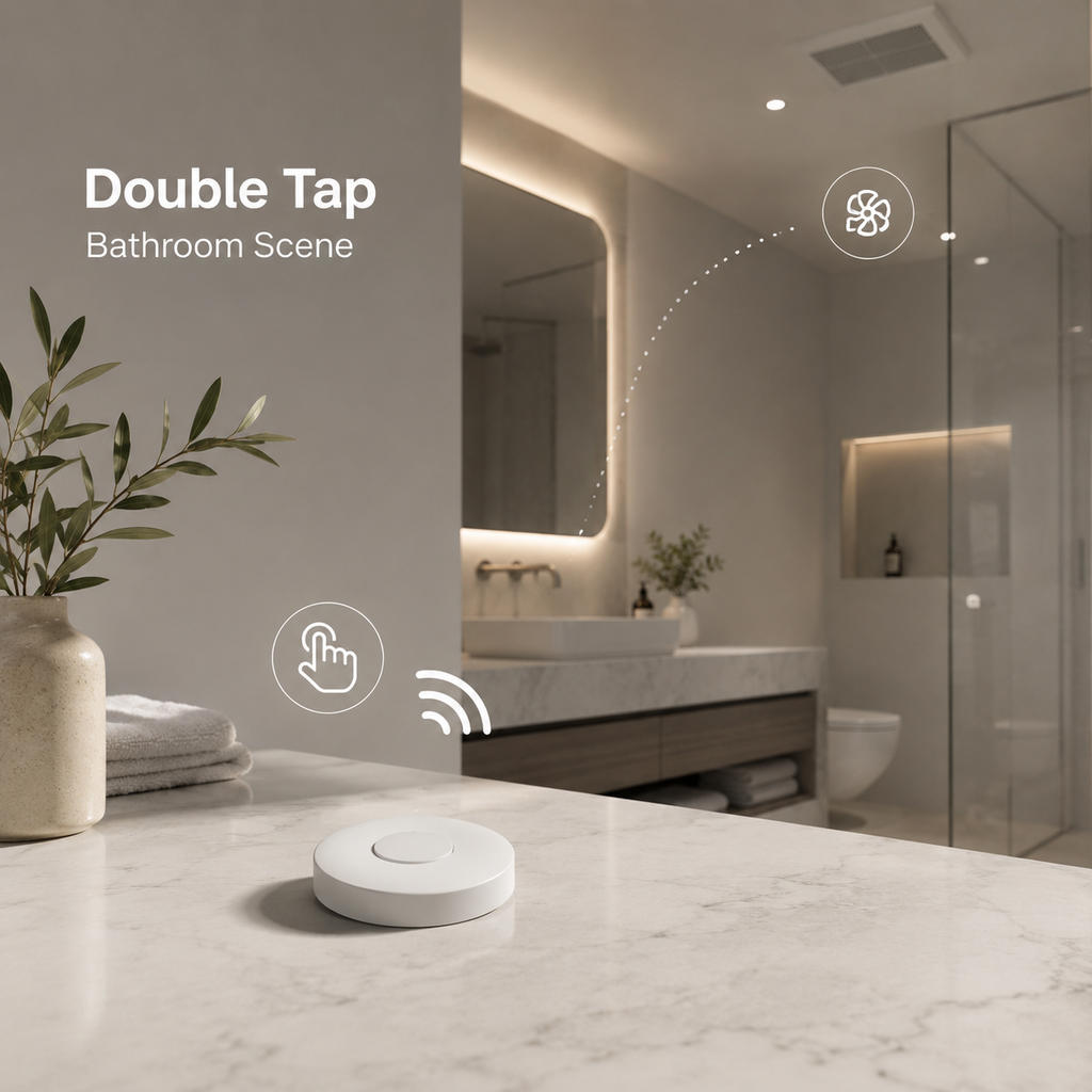 Double tap bathroom control using round wireless scene button