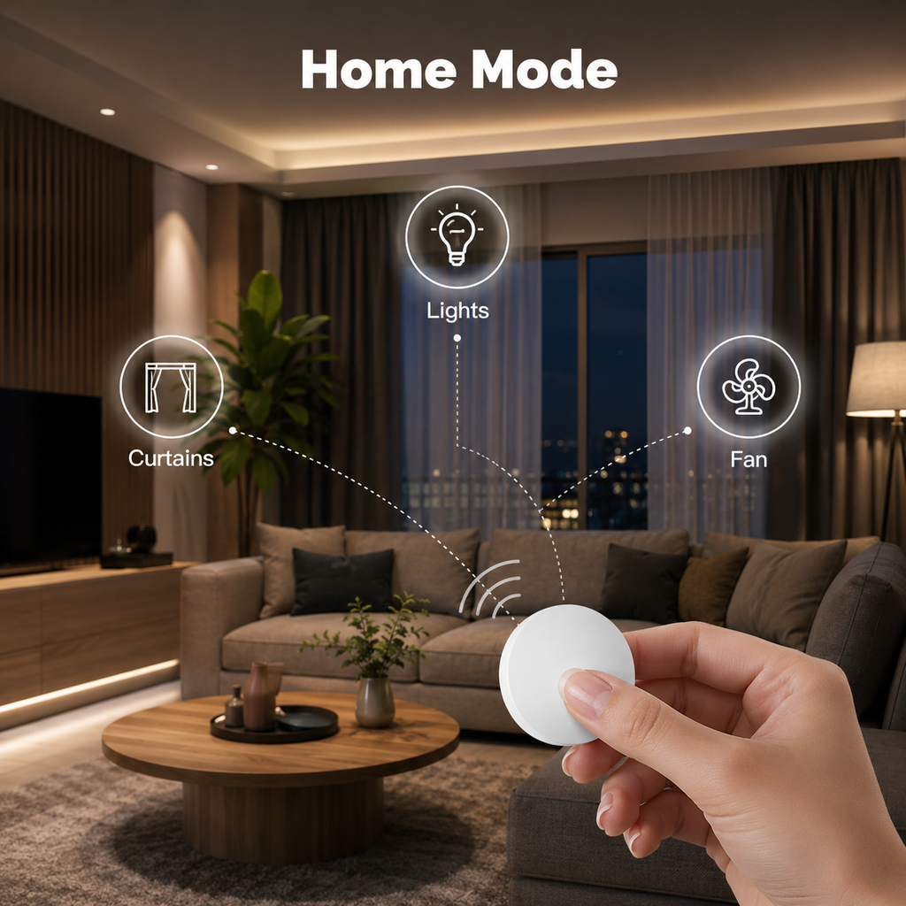 Home mode control for lights curtains and fan with wireless scene button