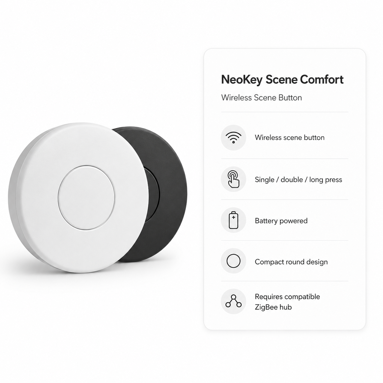 Key specifications card for NeoKey wireless scene button