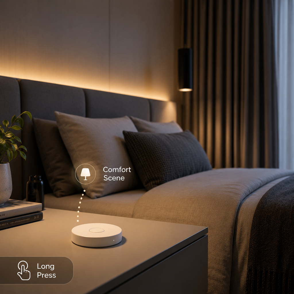 Long press bedroom comfort control with wireless scene button