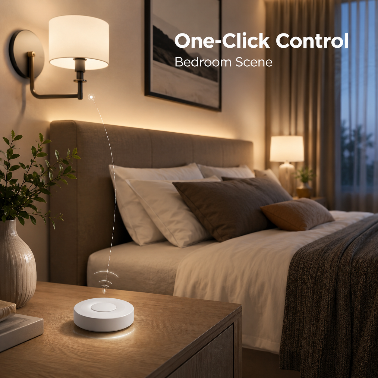 One-click bedroom scene control with wireless round smart button