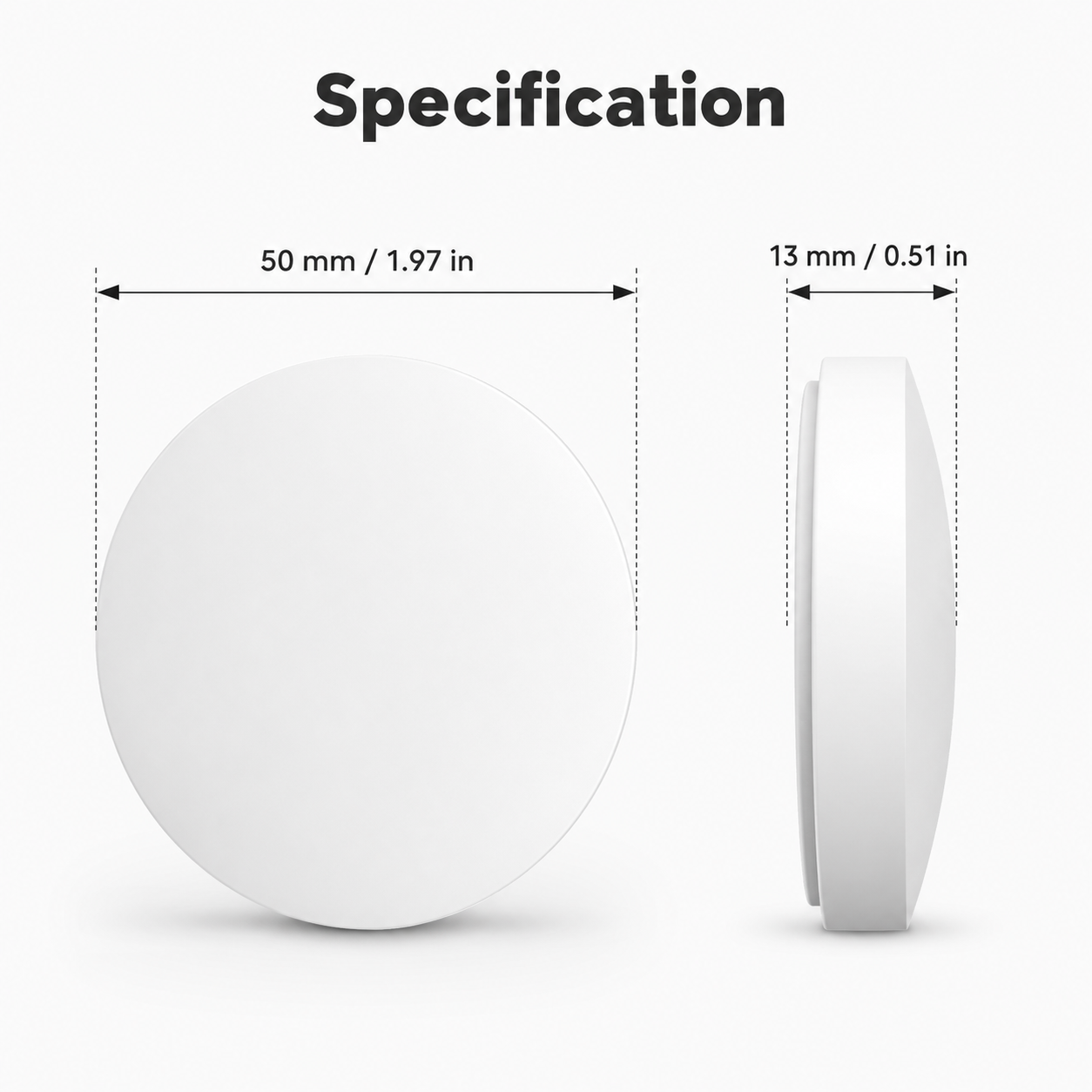 Dimensions diagram showing 50 mm diameter and 13 mm thickness for NeoKey Scene Comfort V2
