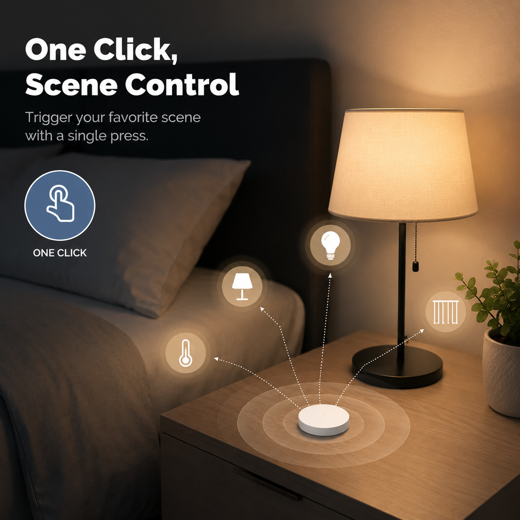 Double tap smart scene control with NeoKey Scene Comfort V2 in a modern bathroom