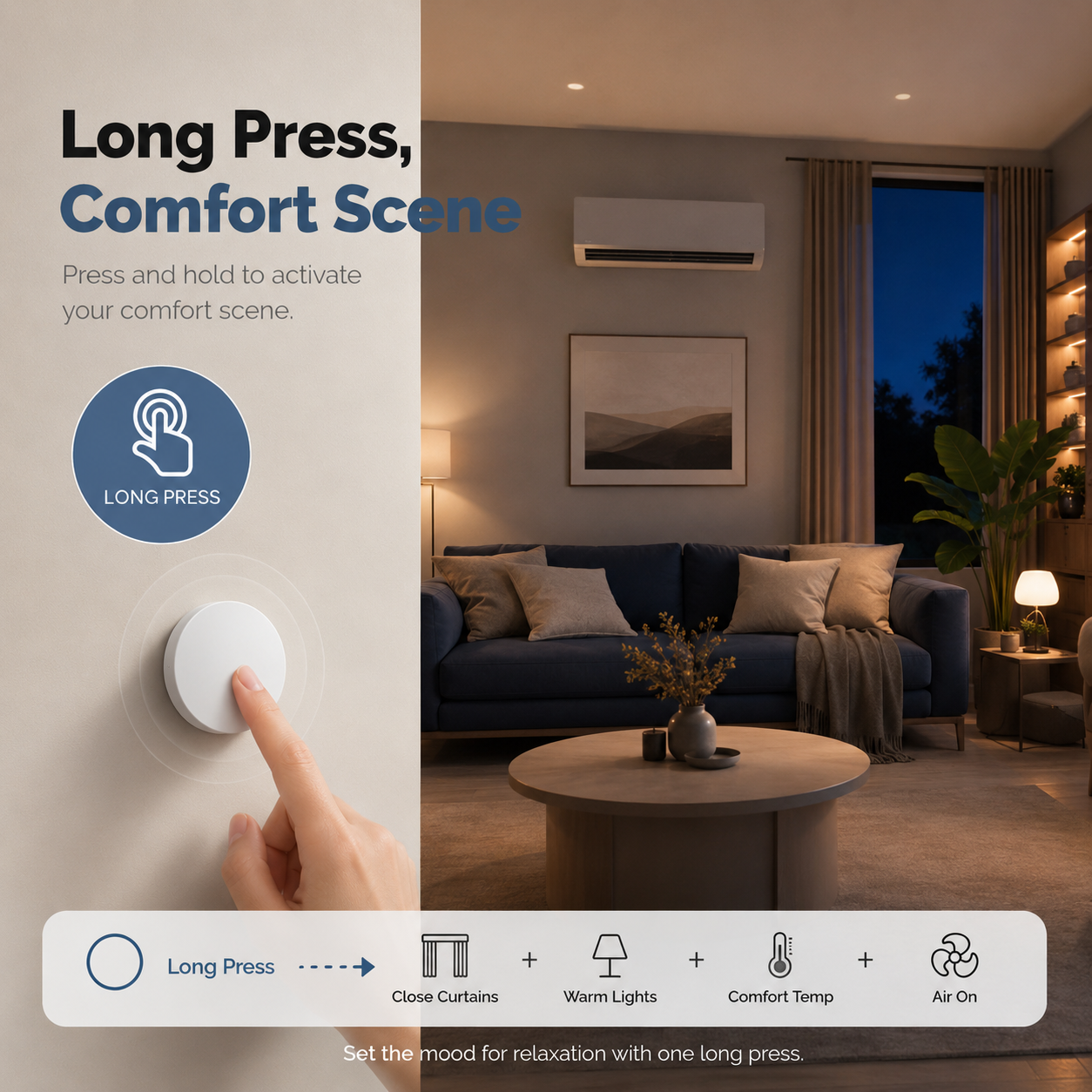 Long press comfort scene in living room with NeoKey Scene Comfort V2