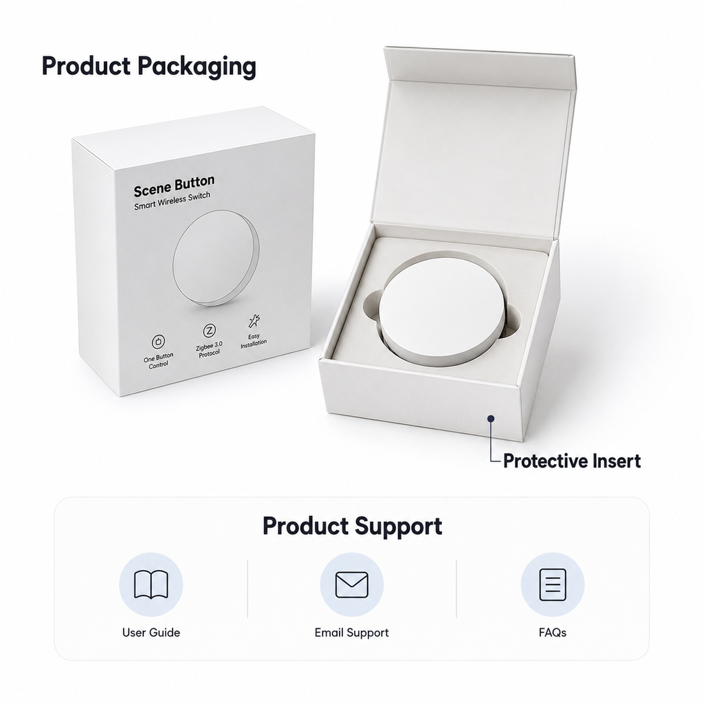 Product packaging and support overview for NeoKey Scene Comfort V2 scene button