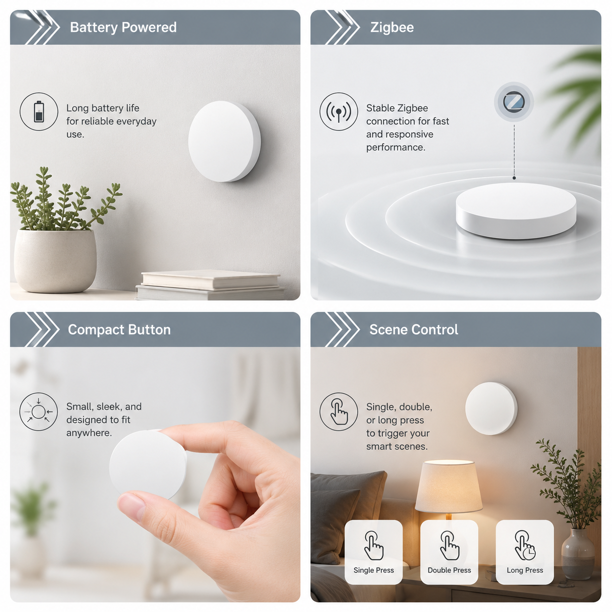 Studio packshot of NeoKey Scene Comfort V2 white and black scene button variants