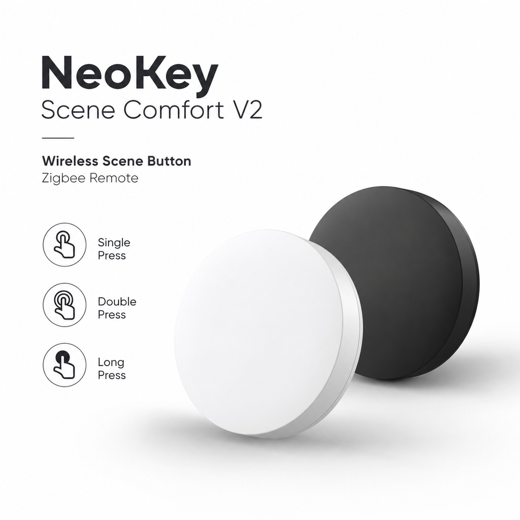 Studio hero image of NeoKey Scene Comfort V2 white and black Zigbee scene button remote