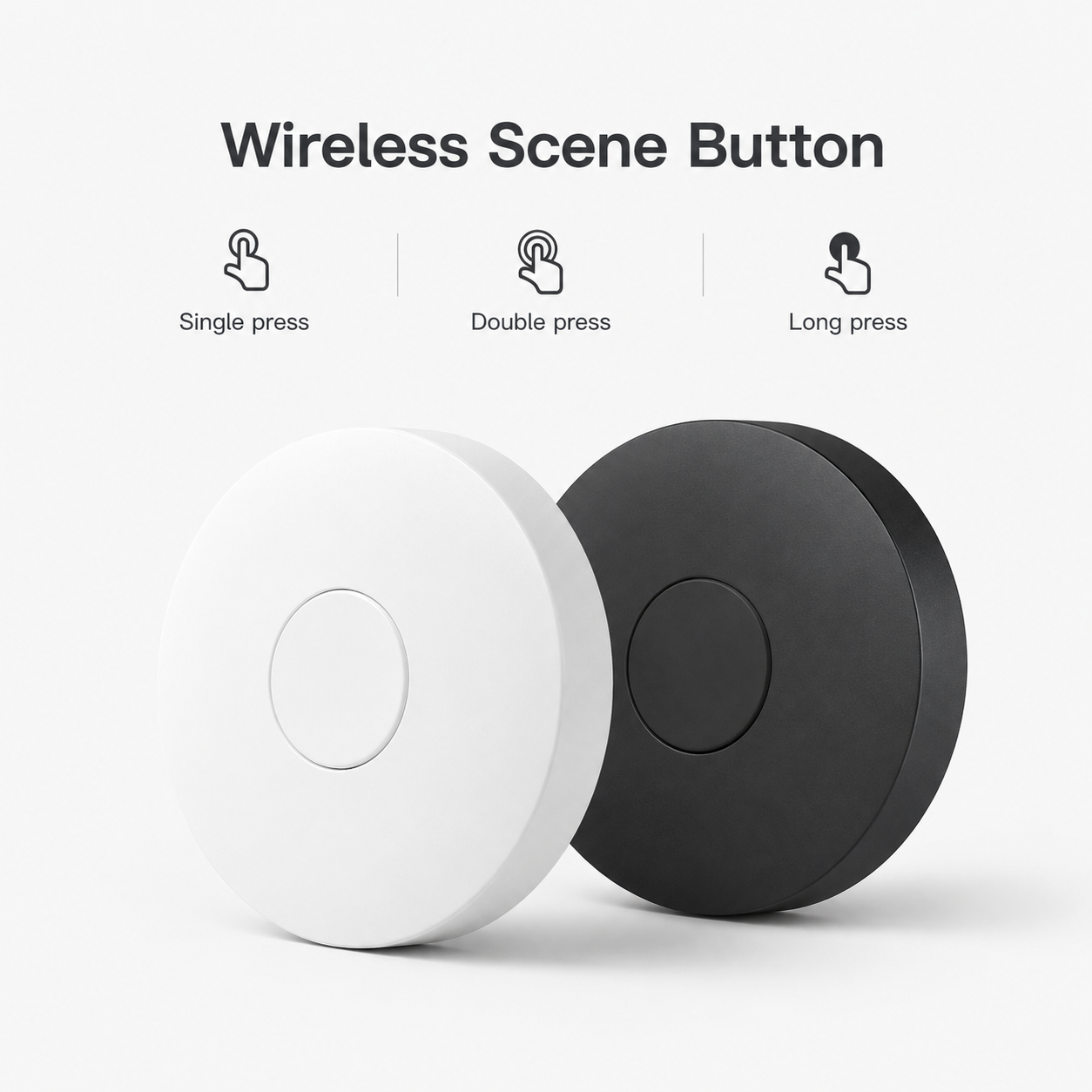 White and black wireless scene button variants with single, double and long press actions