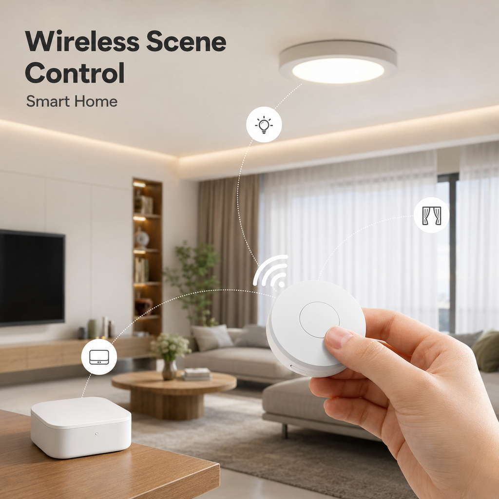 Wireless smart home control scene with handheld round button
