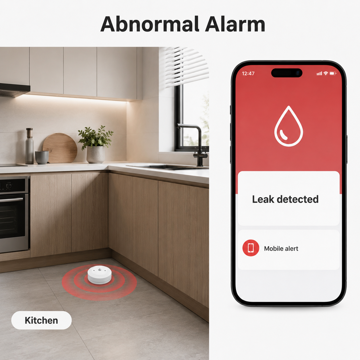 NeoLeak water leak detector with kitchen mobile leak alert