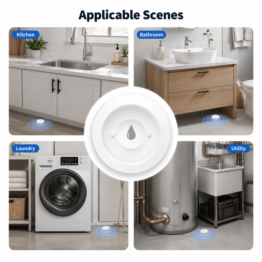 Applicable scenes for NeoLeak leak detector in kitchen bathroom laundry and utility areas