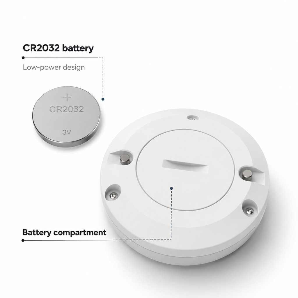 CR2032 battery compartment detail for NeoLeak water leak detector