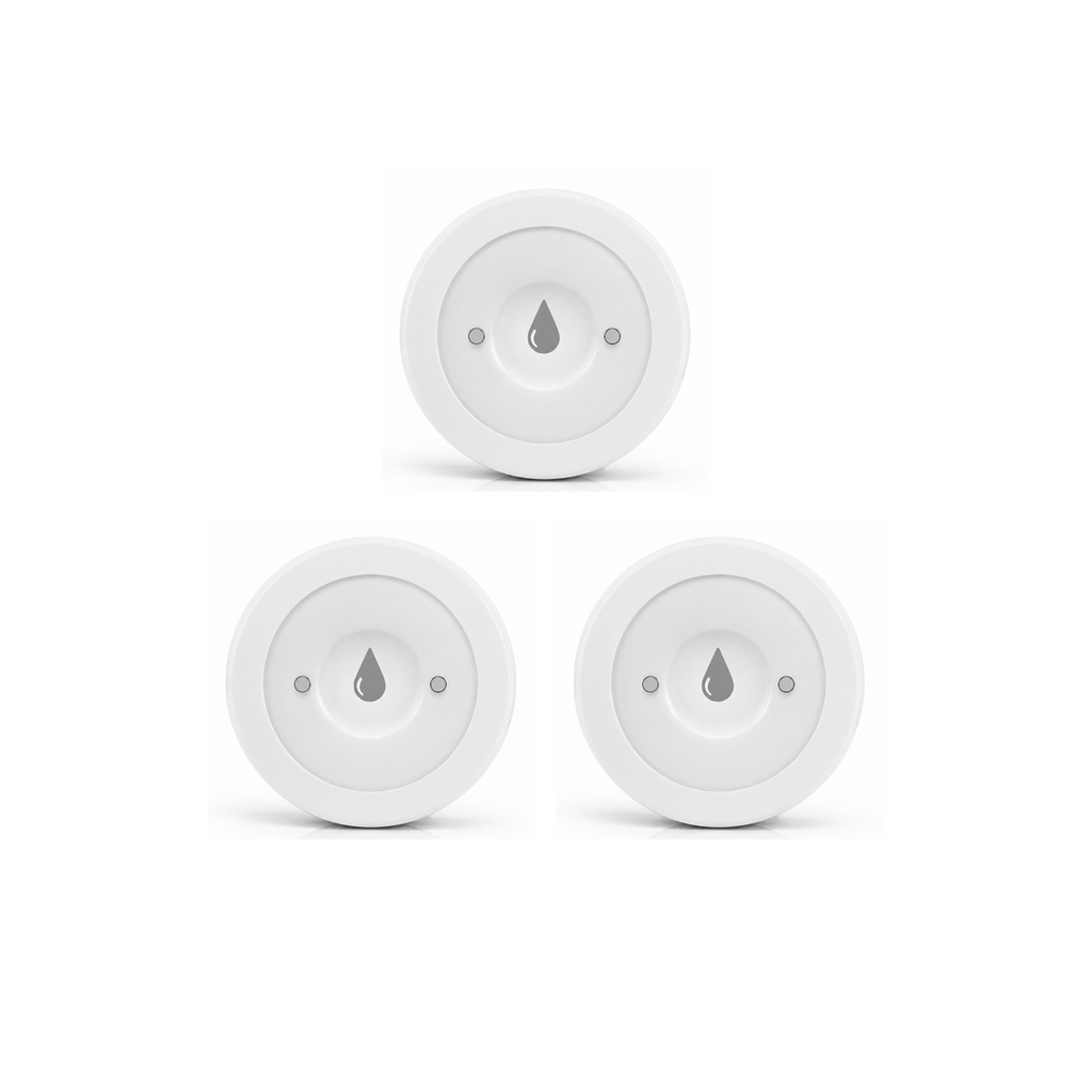 Lot de 3 détecteurs de fuite d'eau ZigBee NéoLeak Comfort sur fond blanc