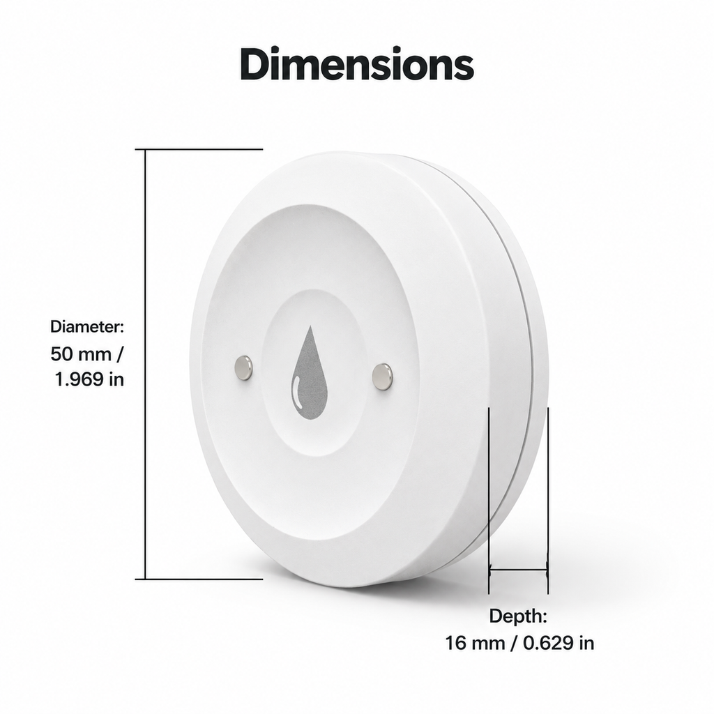 Dimension diagram of NeoLeak detector showing 50 mm diameter and 16 mm depth