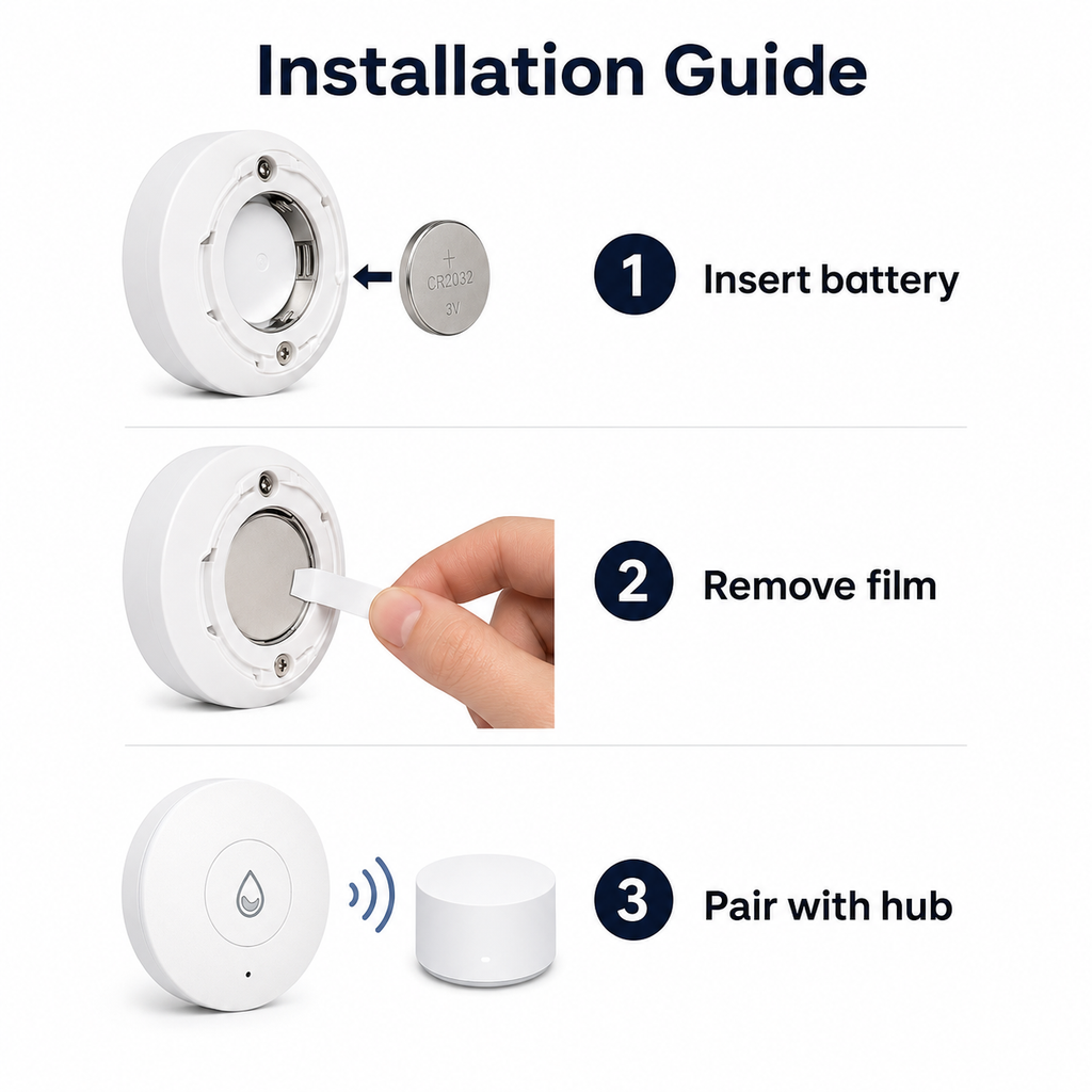Installation guide showing battery insertion film removal and hub pairing for NeoLeak detector