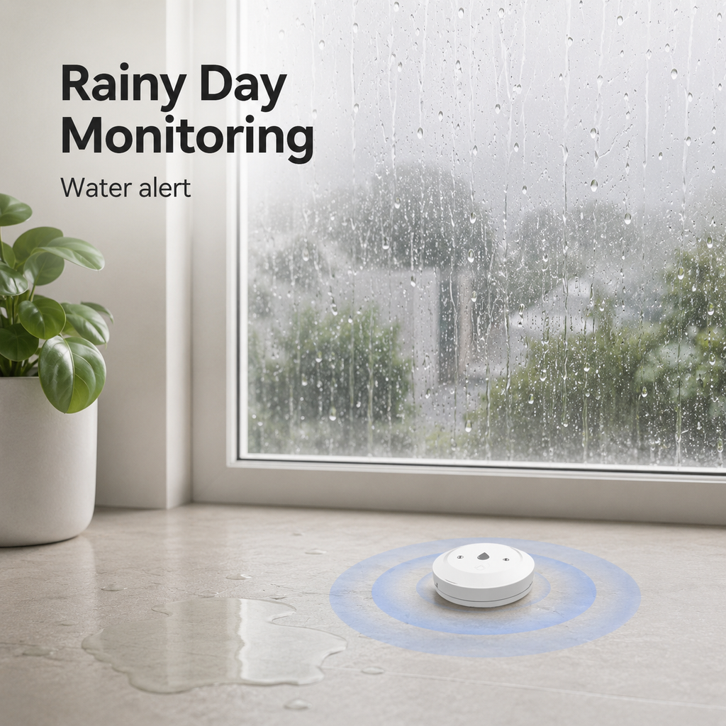 Rainy day water alert scene with NeoLeak detector near window