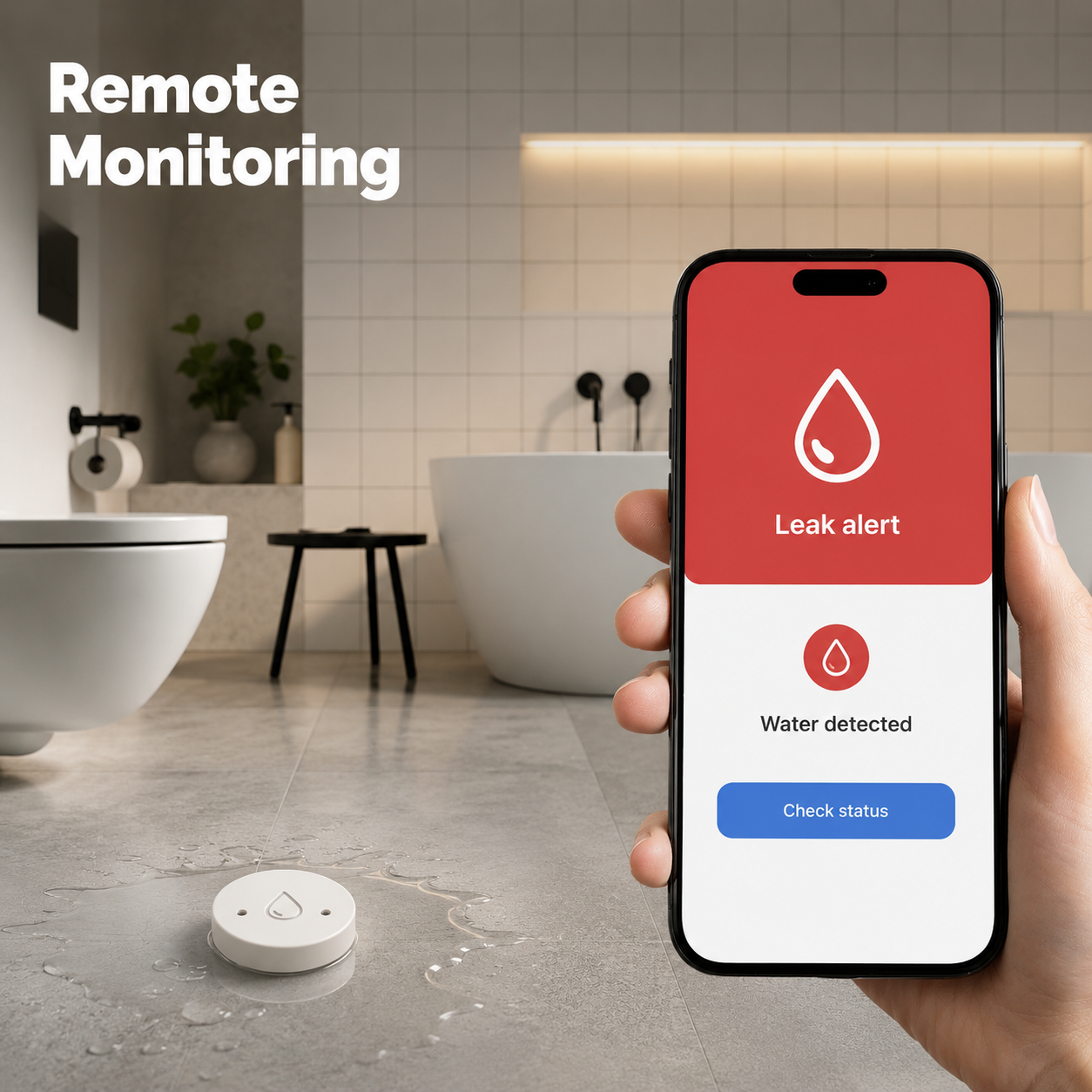 Remote monitoring bathroom scene with NeoLeak leak detector and generic mobile alert