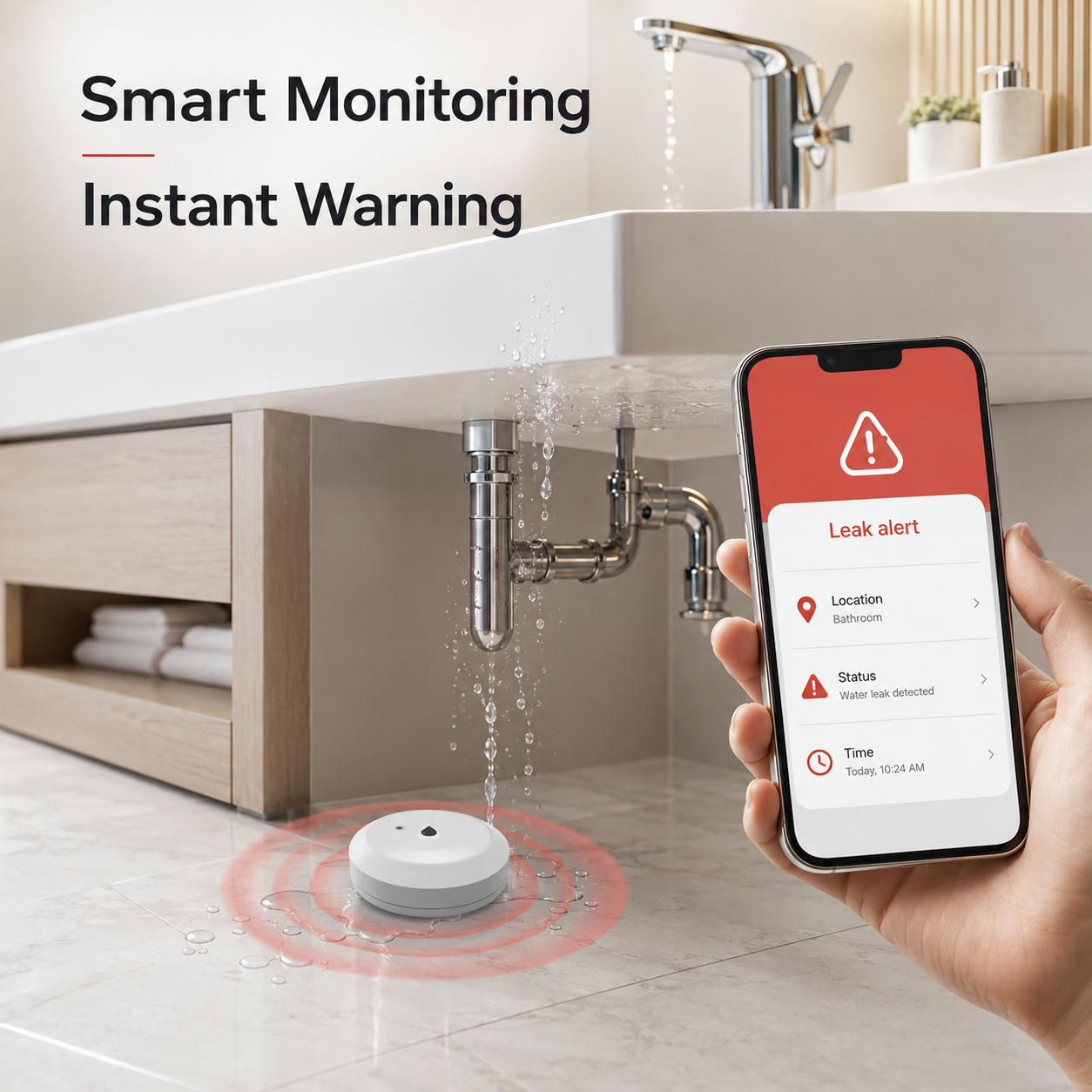 Smart monitoring scene with NeoLeak leak detector and mobile warning