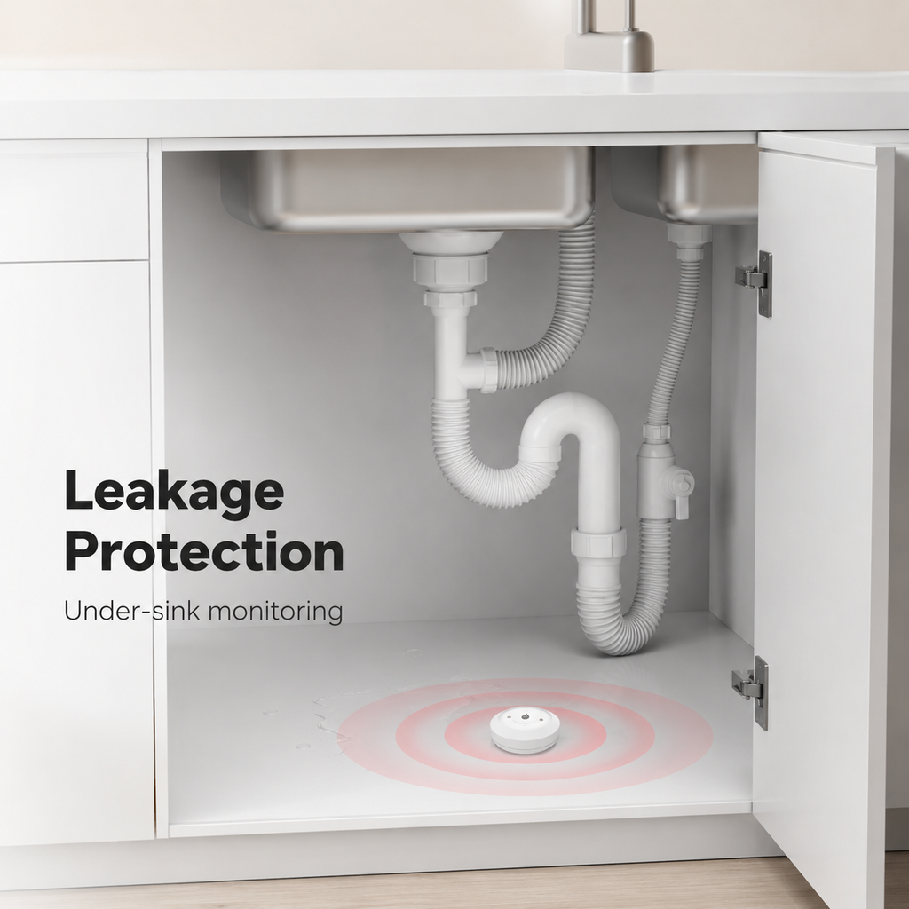 NeoLeak water leak detector monitoring an under-sink cabinet area