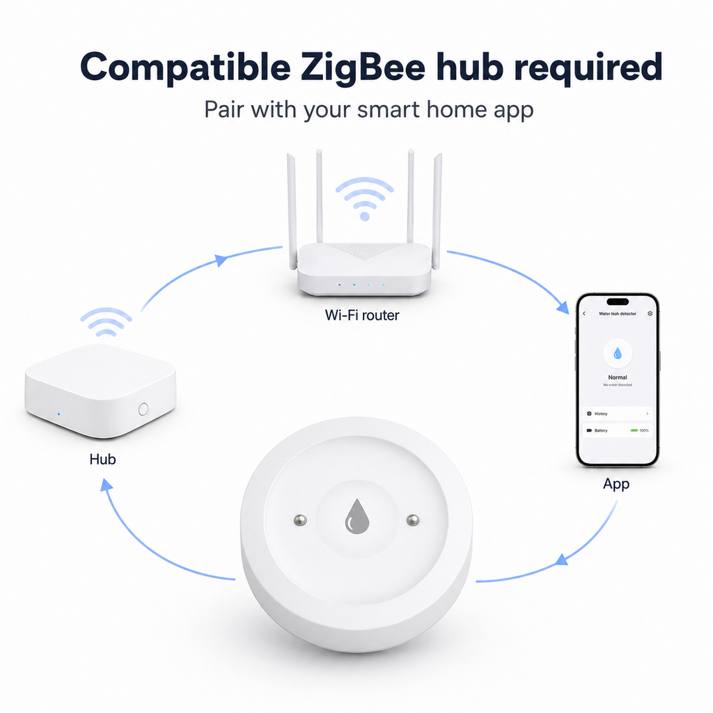 Setup diagram showing NeoLeak detector with compatible ZigBee hub router and app