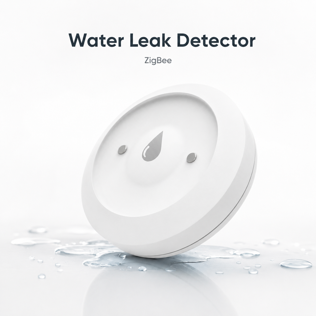 Studio hero packshot of NeoLeak ZigBee water leak detector with water accents