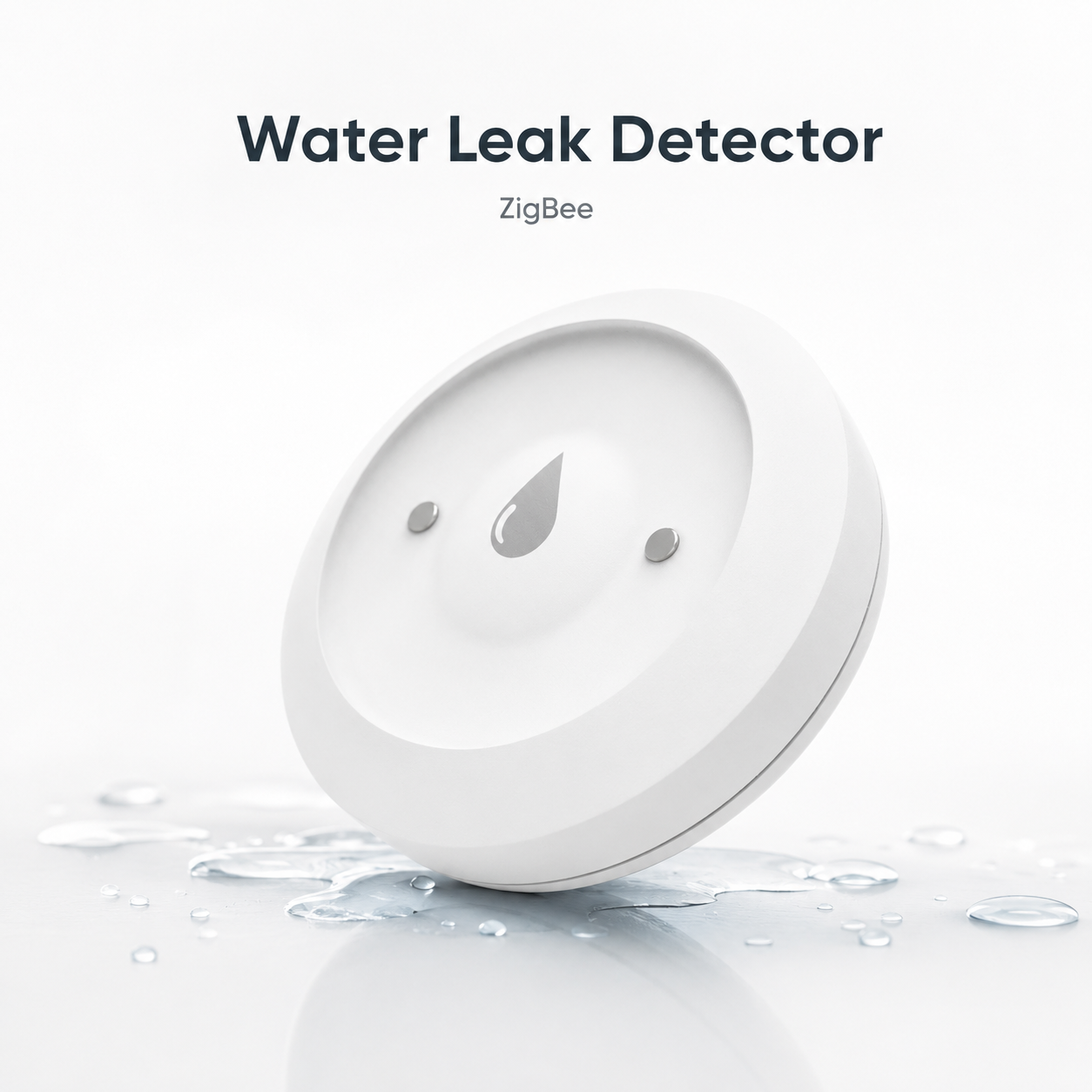 Studio hero packshot of NeoLeak ZigBee water leak detector with water accents
