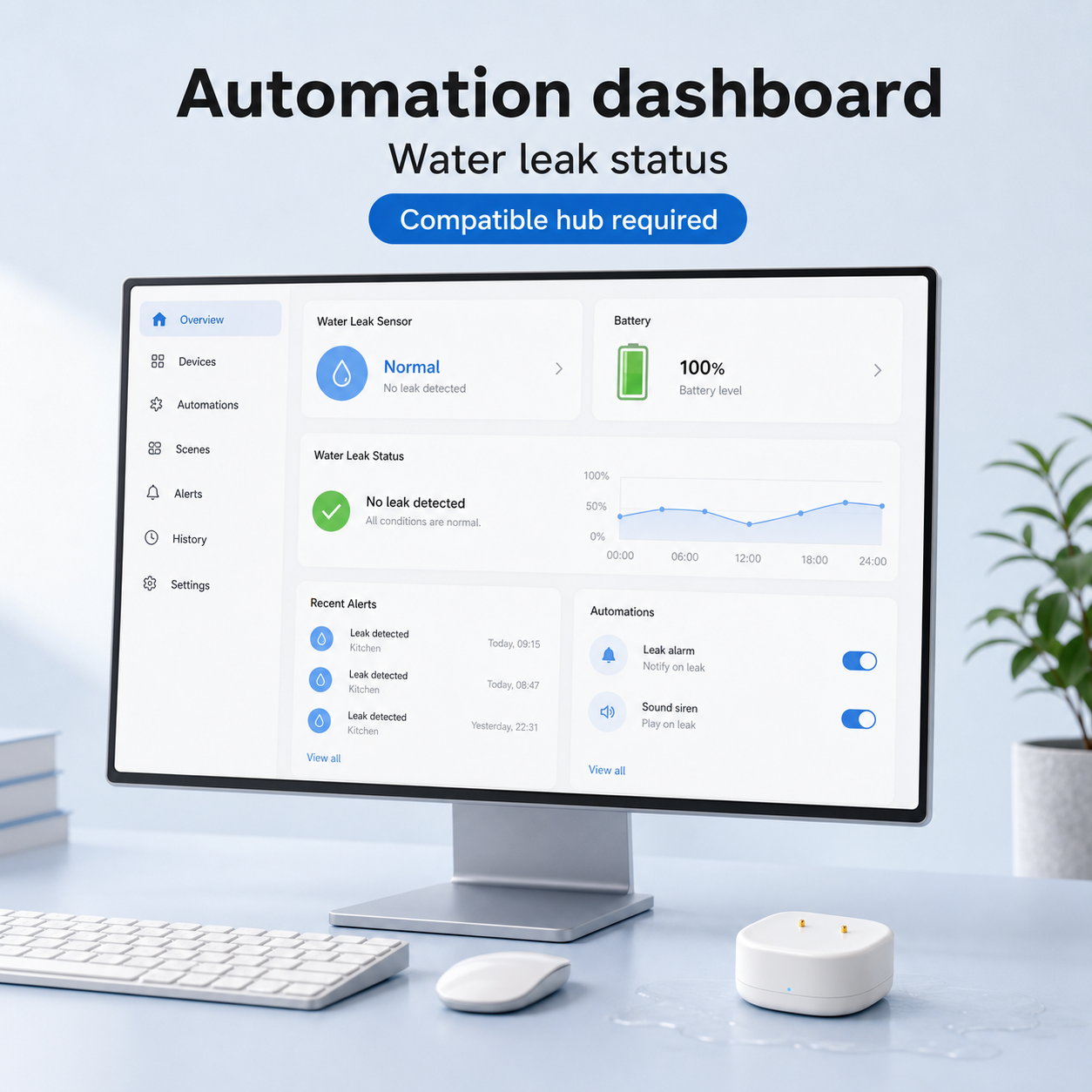 Generic automation dashboard showing water leak sensor status