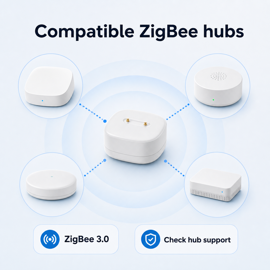 Compatible ZigBee hub diagram with water leak sensor and generic hub devices
