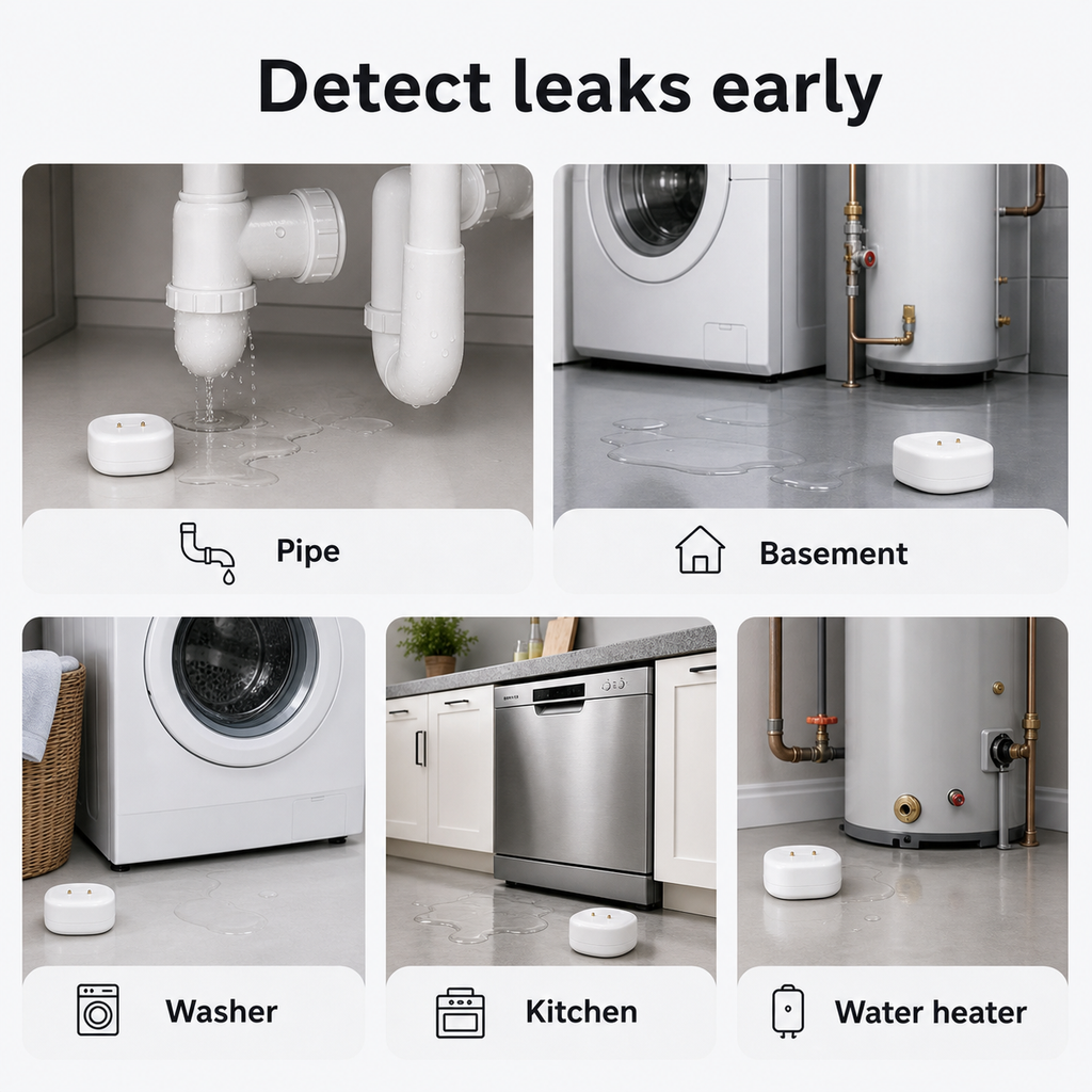 Leak risk zones at home including pipes, washer, kitchen and water heater