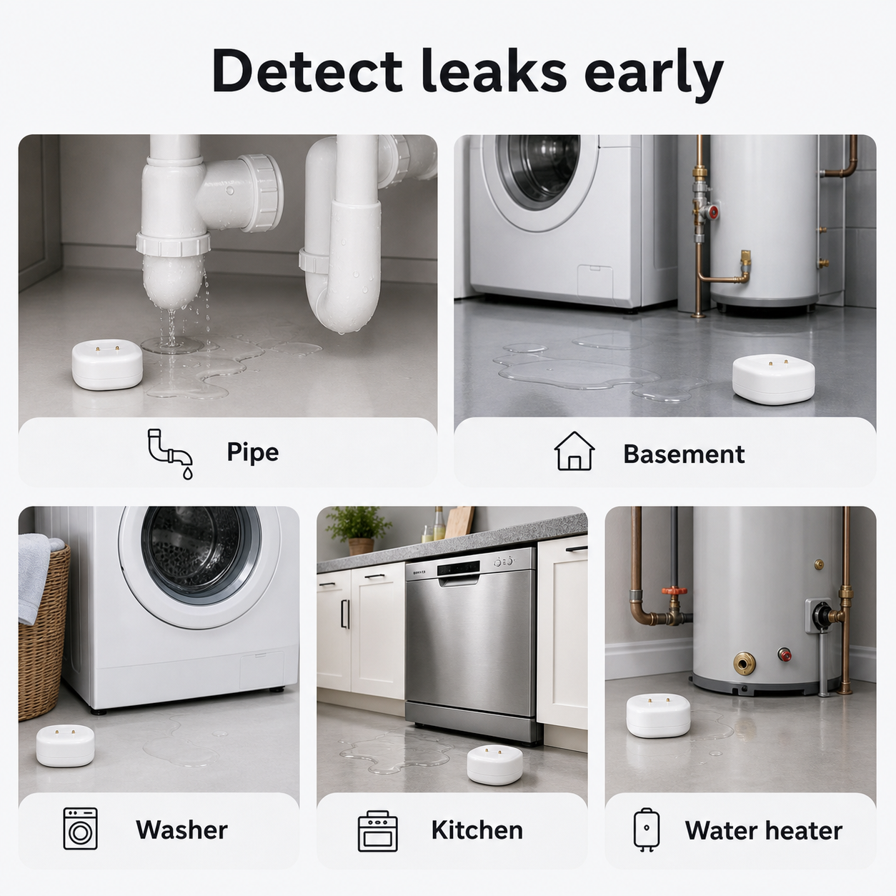 Leak risk zones at home including pipes, washer, kitchen and water heater