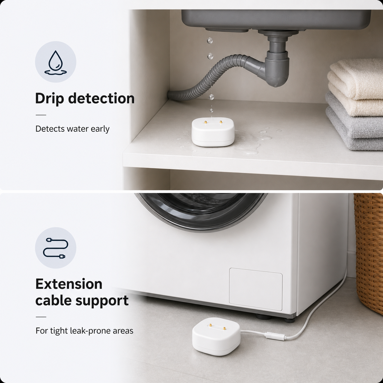 Drip detection and extension cable support for compact water leak sensor