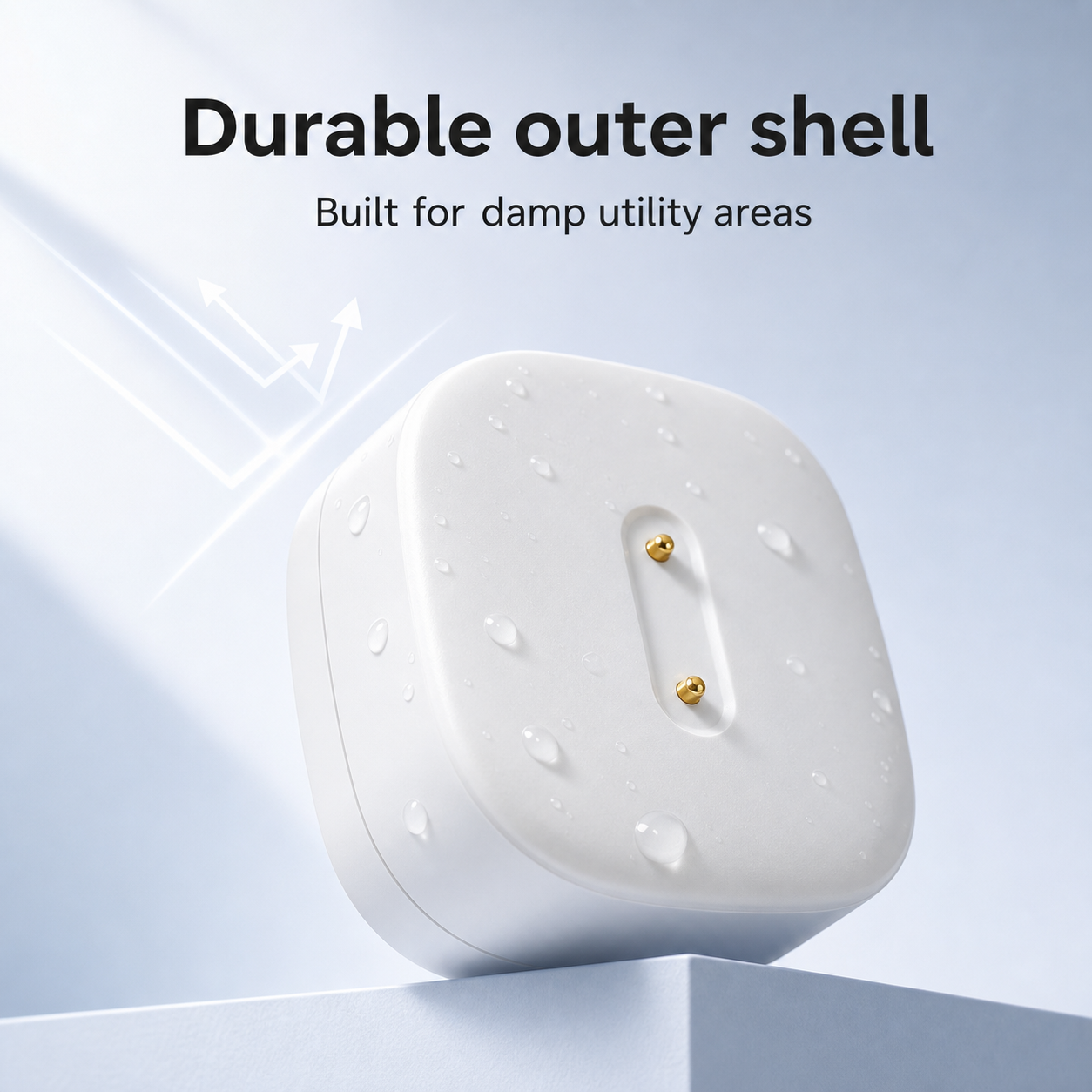 Durable outer shell detail for white ZigBee water leak sensor