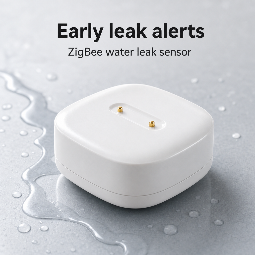 White ZigBee water leak sensor packshot for early leak alerts