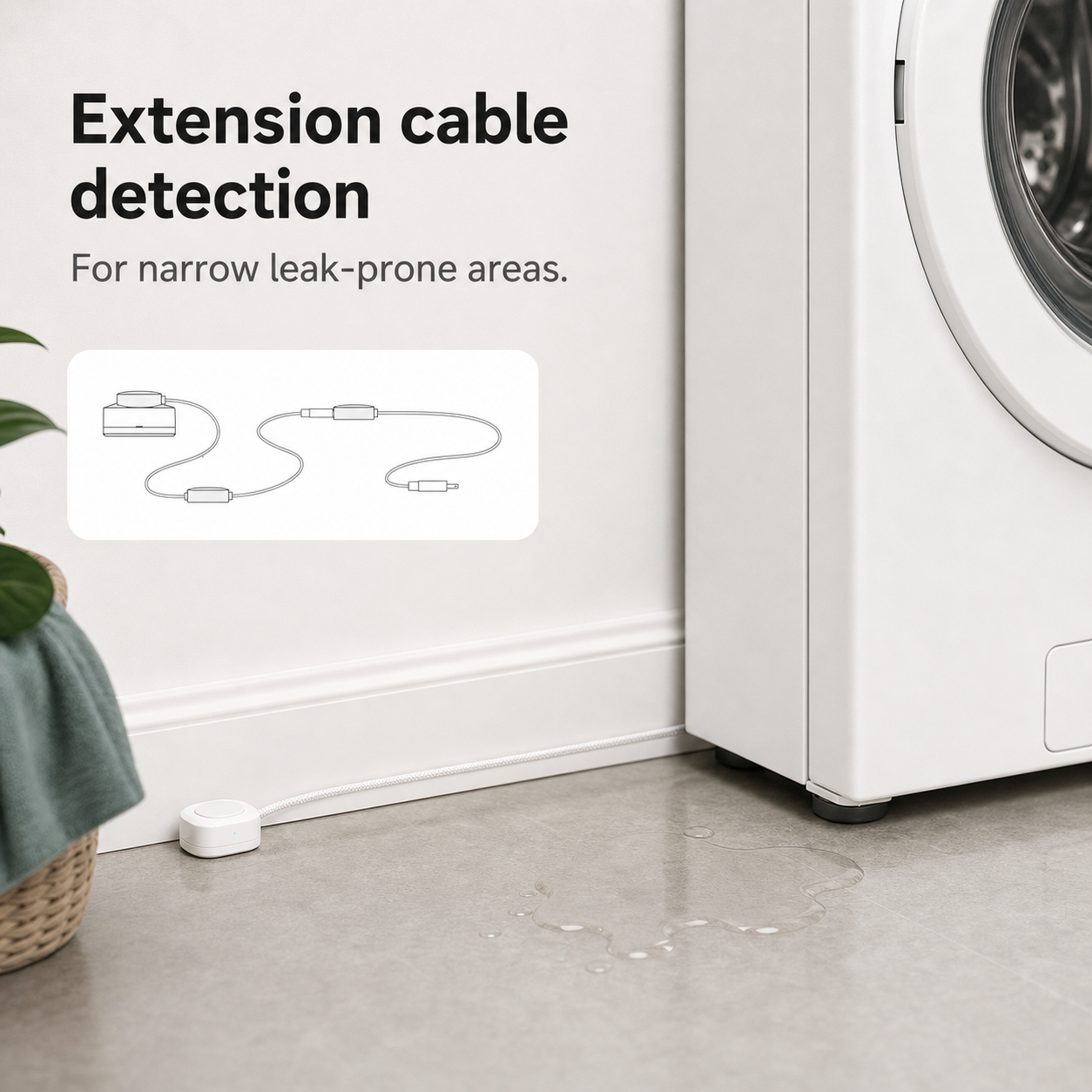 Extension cable detection for narrow leak-prone area near laundry appliance