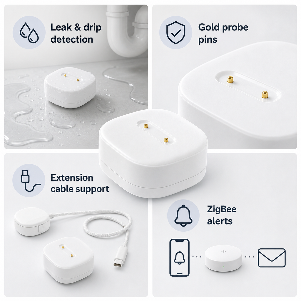 Four key features of ZigBee water leak sensor including probes, cable support and alerts