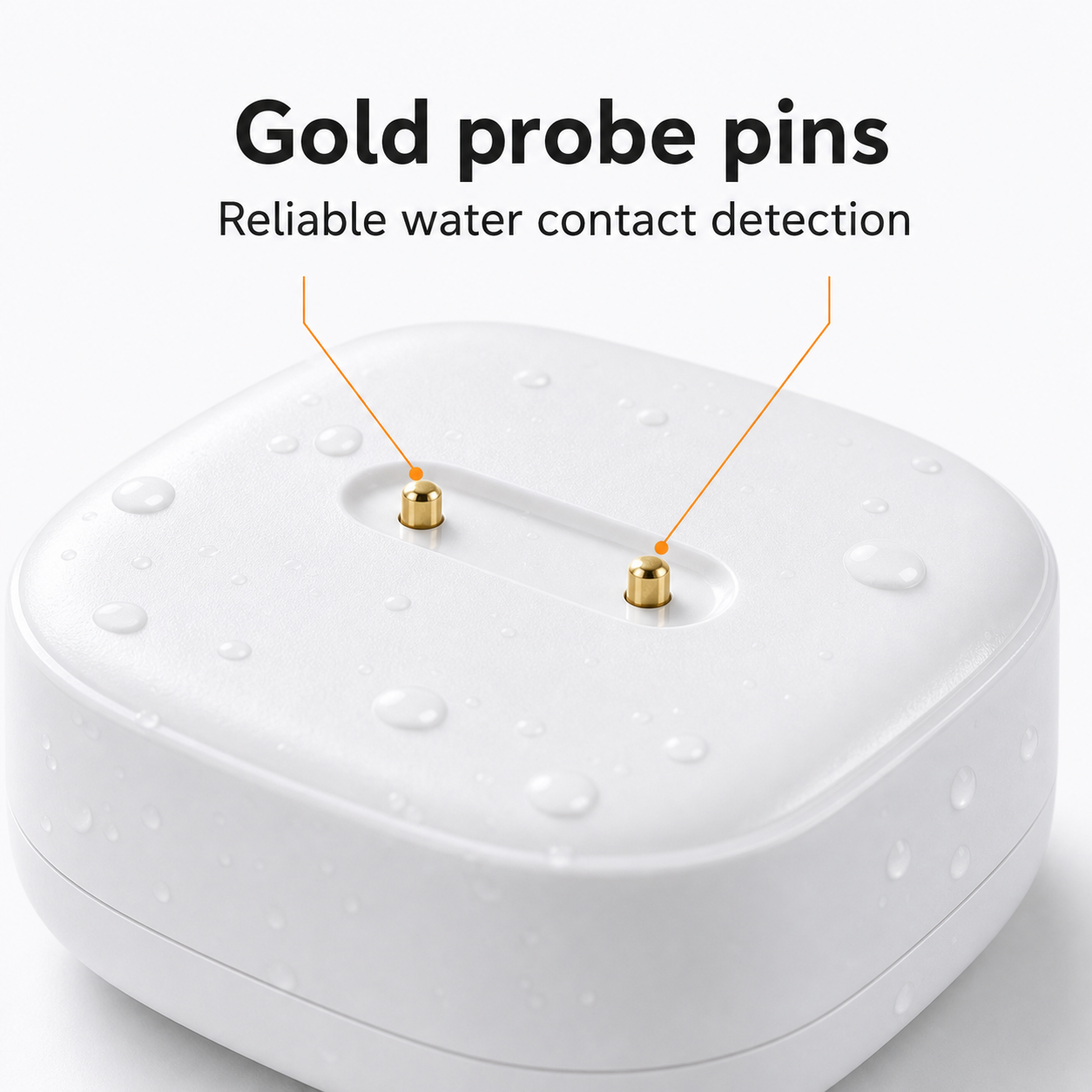 Close-up detail of gold probe pins on white water leak sensor