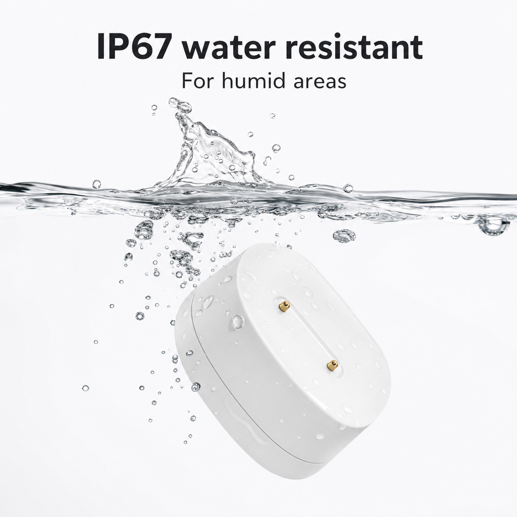 IP67 water resistant white ZigBee leak sensor shown near clean water