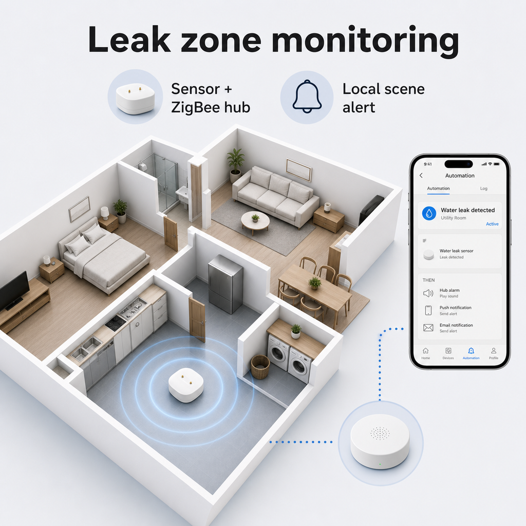 Leak zone monitoring scene with water leak sensor and compatible ZigBee hub