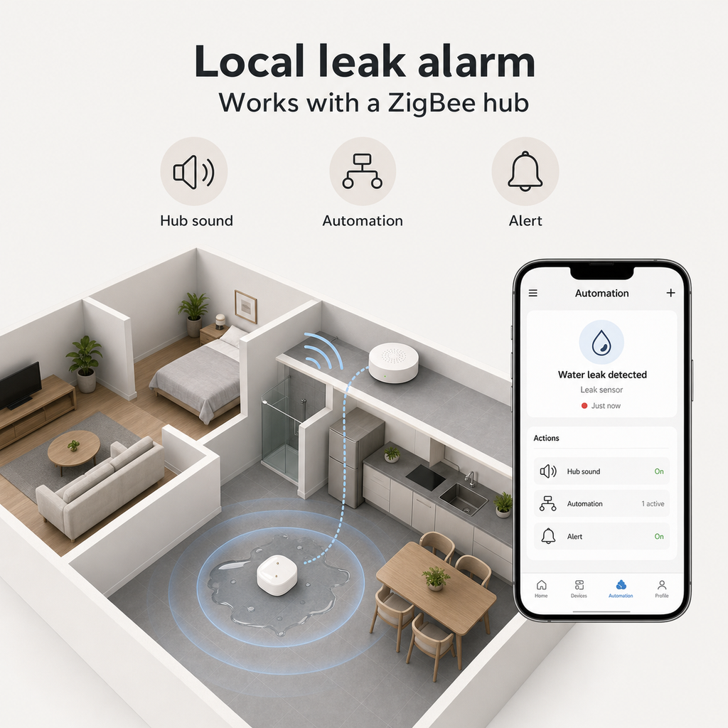 Local leak alarm scene with ZigBee hub and water leak sensor in a smart home floor plan