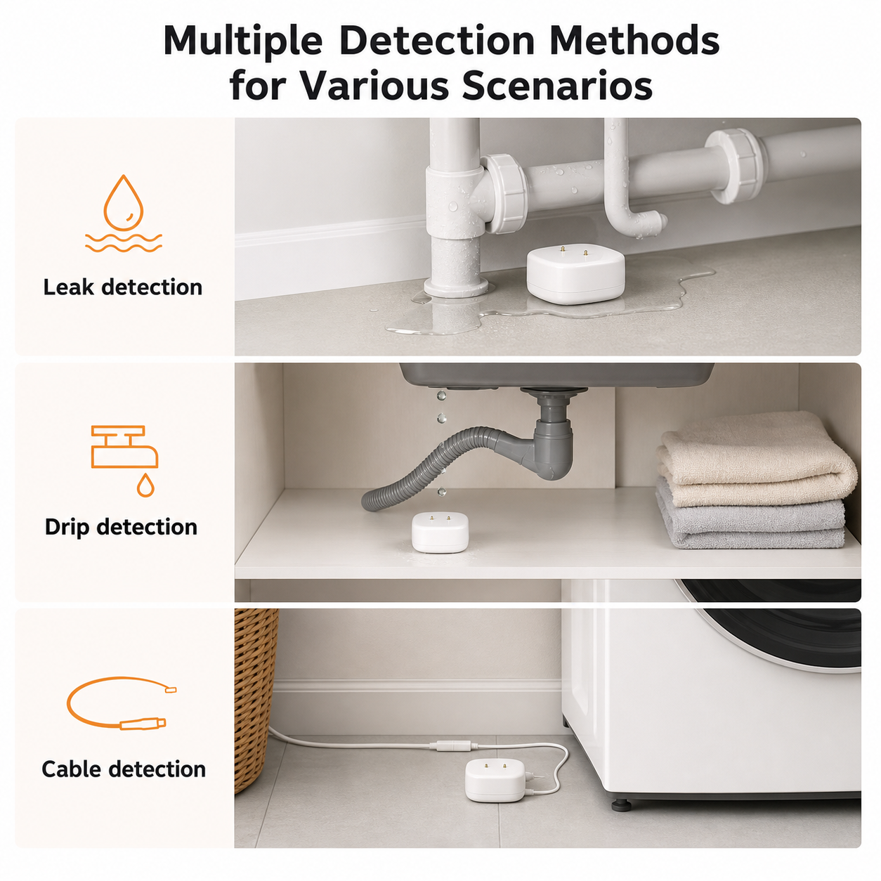 Three detection scenarios for ZigBee water leak sensor with pipes, sink and appliance areas