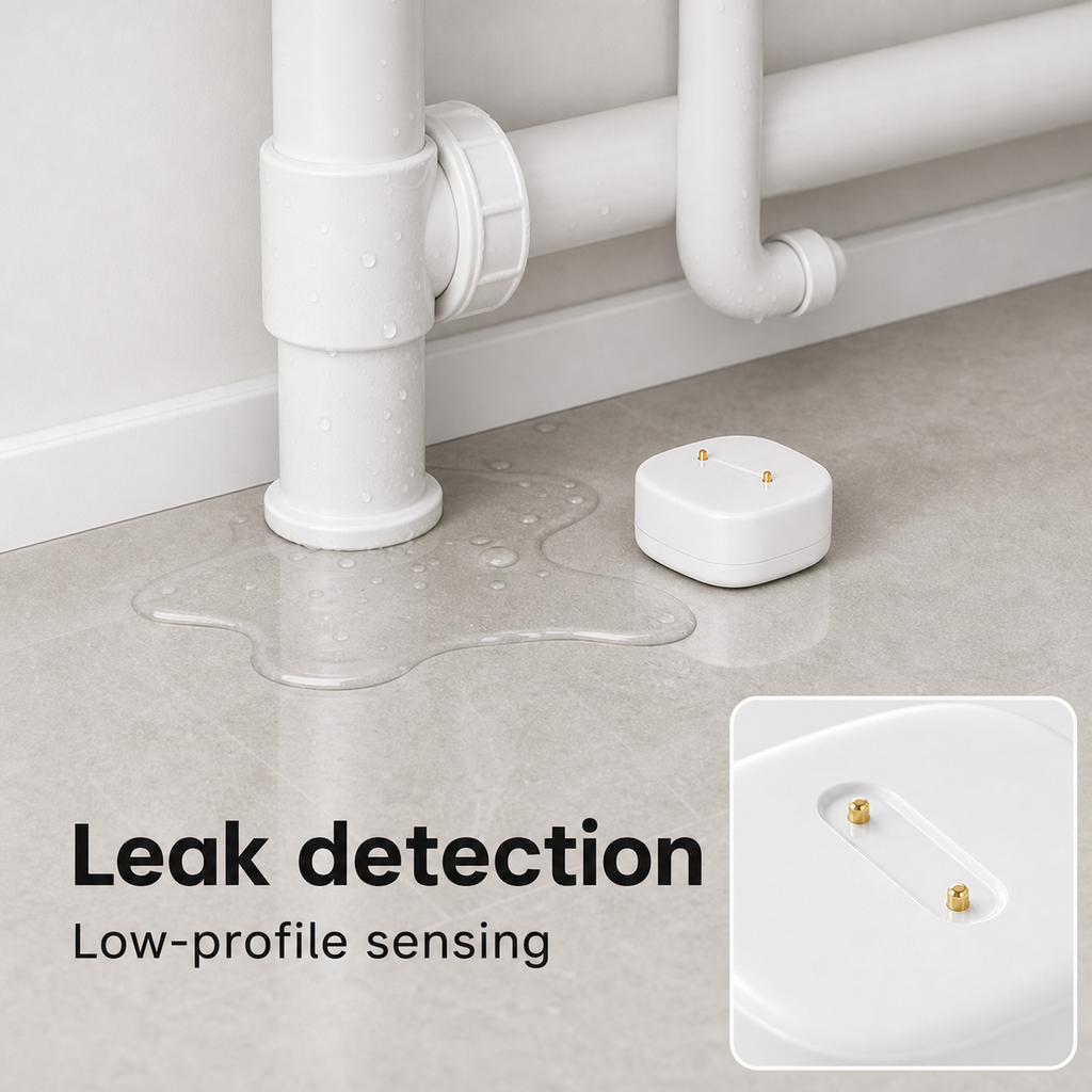 Water leak sensor placed near plumbing pipes to detect floor leaks