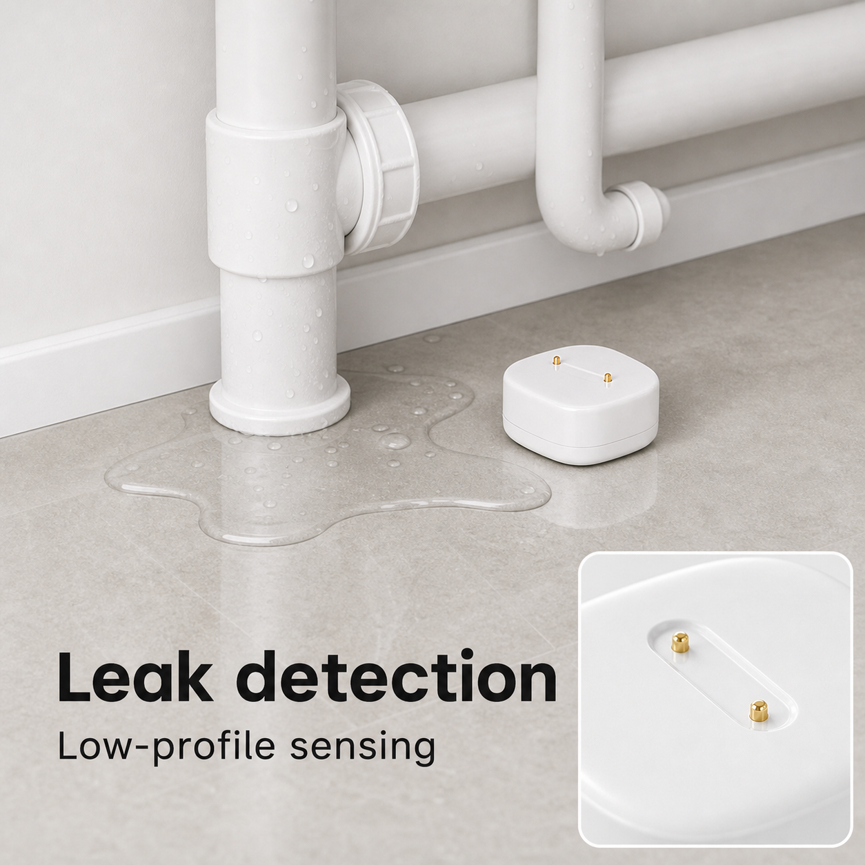 Water leak sensor placed near plumbing pipes to detect floor leaks