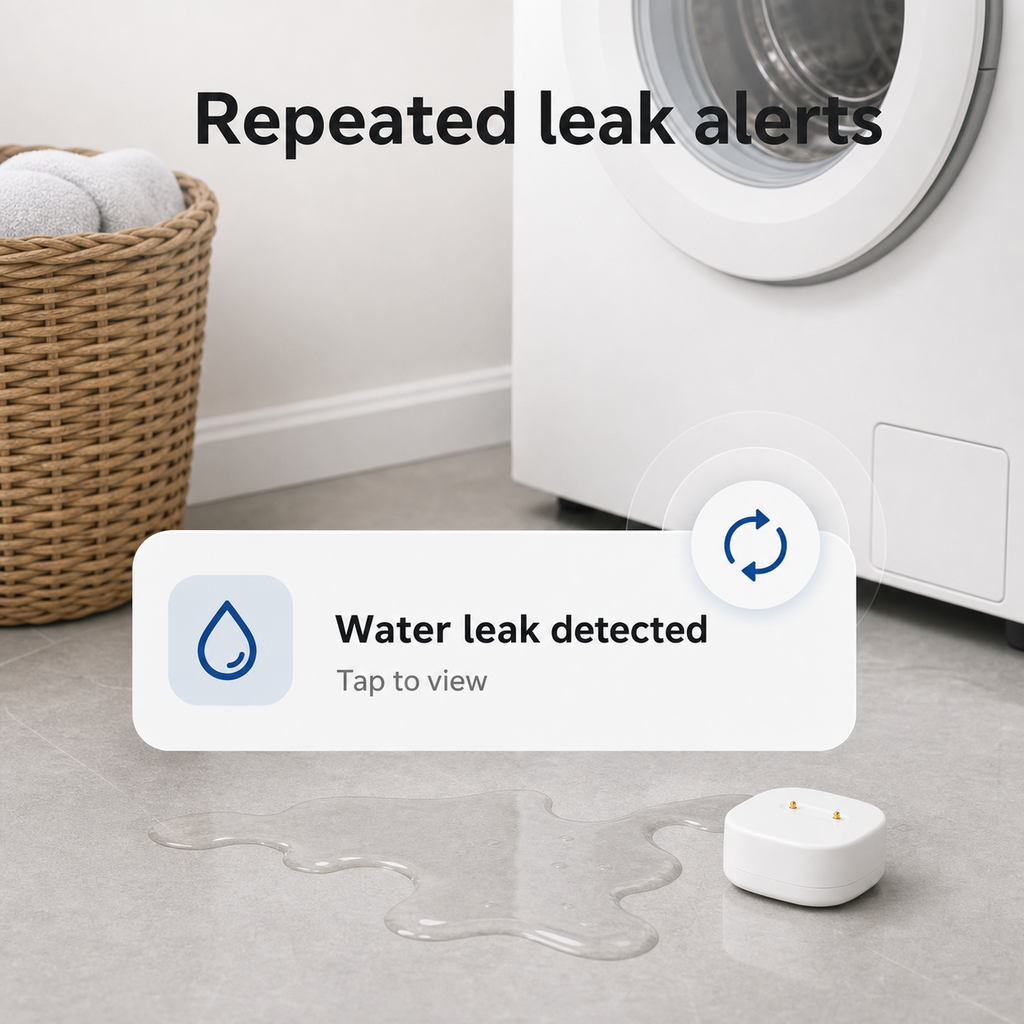 Repeated leak alert notification near water leak sensor in laundry area