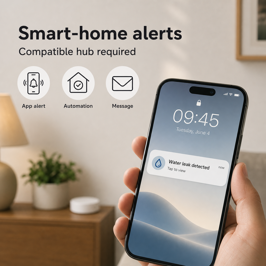 Smart home alert notification with compatible hub required for ZigBee leak sensor